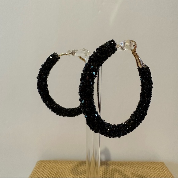 NWT Fashion Accents Earrings - Big Hoops black textured - glitter - Picture 7 of 10